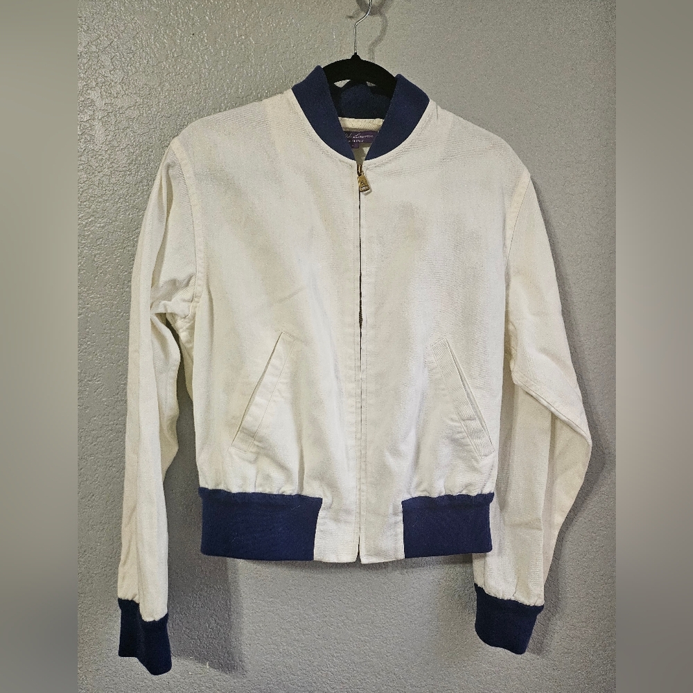 Ralph Lauren Collection White Linen Blend Navy Bomber Jacket - Picture 2 of 8